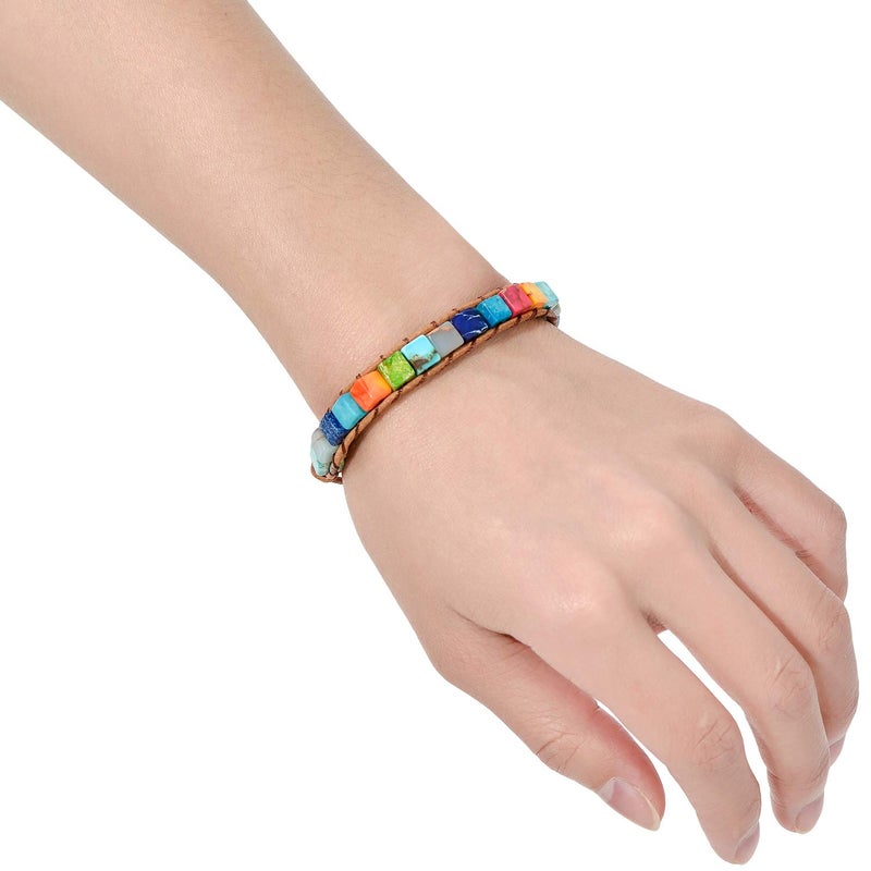 sedmart 7 Chakra Bracelets for Women with Real Stones Leather Wrap Healing Bead Bracelet Women Men Boho Friendship Jewelryâ€¦ (Flower Button & Square Stone) - Image 2